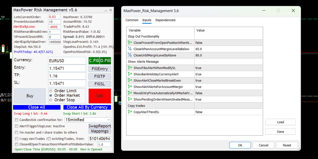 copy trading and risk management configuration panel